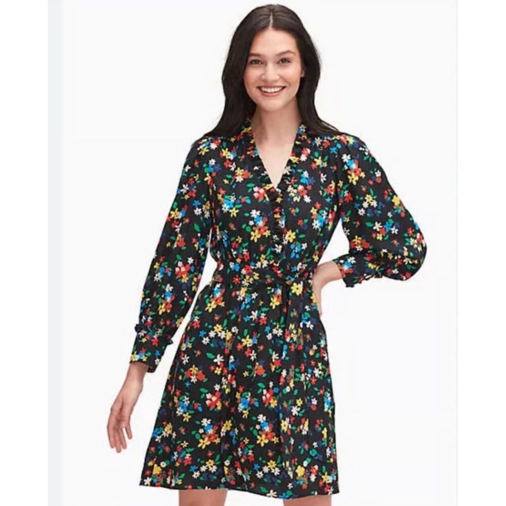 Kate Spade Sailing Floral Dress Size 2 Black Multi Ruffle Elastic Waistband